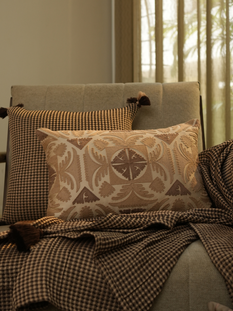 Dune Oats Beige Cotton Embroidered Cushion Cover 12" X 18"