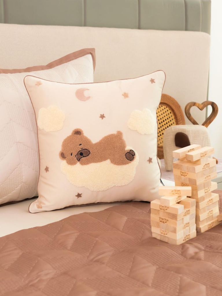 Sleepy Whim Cotton Embroidered Oats Beige Cushion Cover Kids Design 16" X 16"