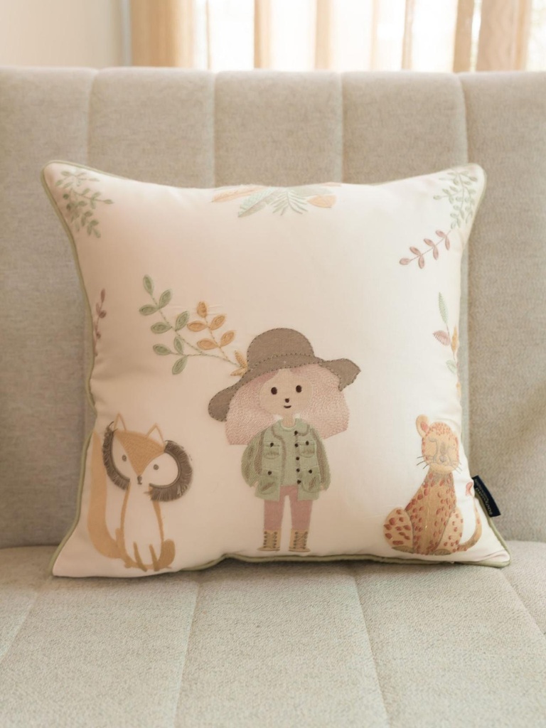 Wild Crew Cotton Embroidered Oats Beige Cushion Cover Kids Design 16" X 16"