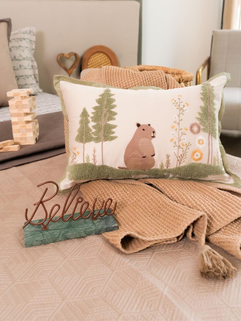 Snuggle Safari Cotton Embroidered Oats Beige Cushion Cover Kids Design 12" X 18"