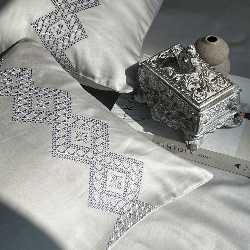 Iris Pearl Grey Embroidered Pillow Covers (Set of 2)