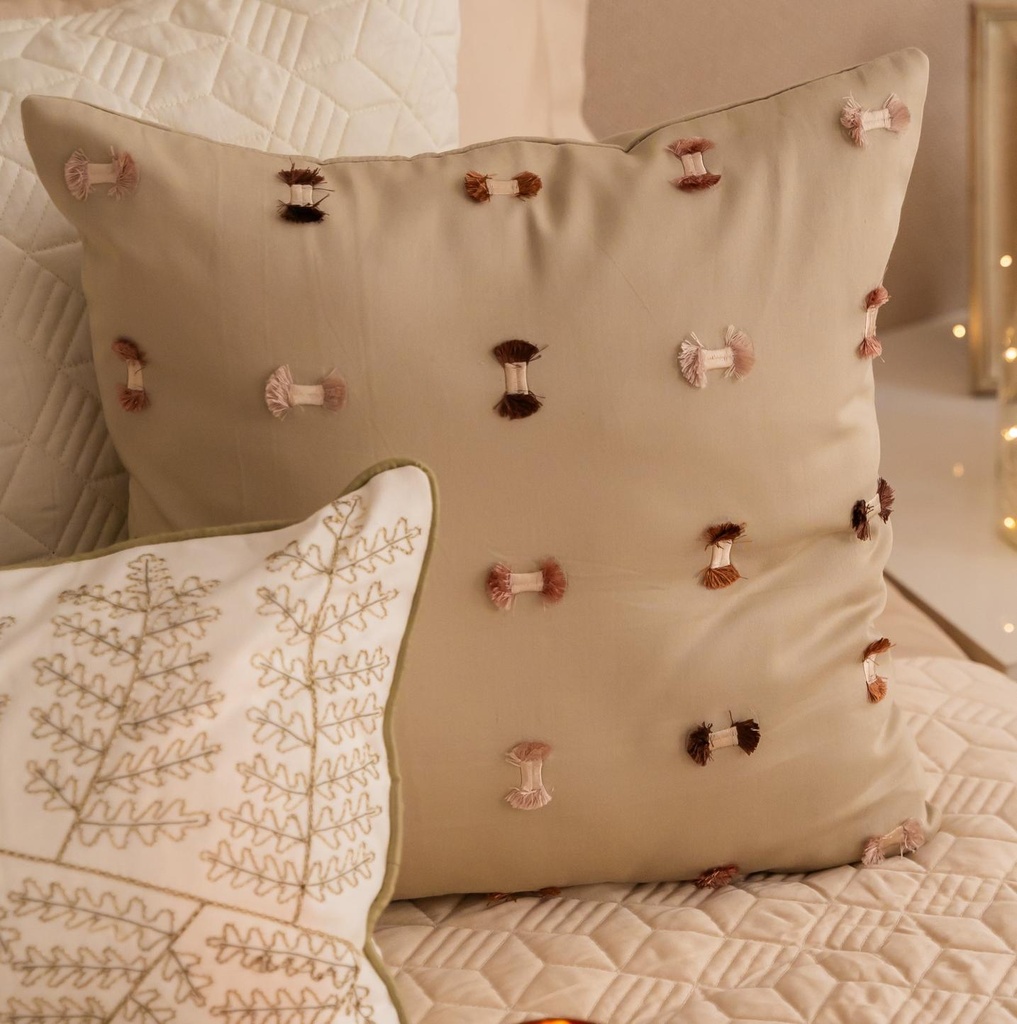 Tranquille Cotton Embroidered Beige Cushion Cover 16" X 16"