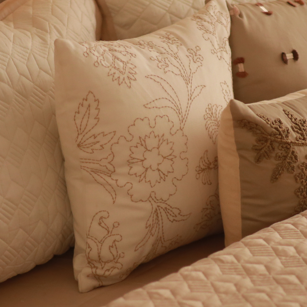 Leafy Retreat Cotton Embroidered Ivory Cushion Cover 16" X 16"