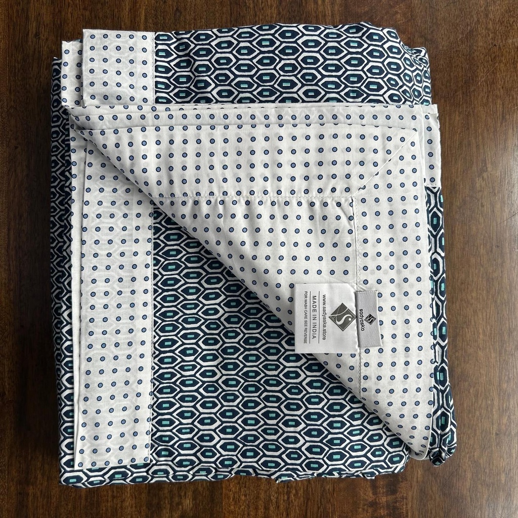 Double Bed Dark Blue and White Printed Premium Pure Cotton Reversible Dohar