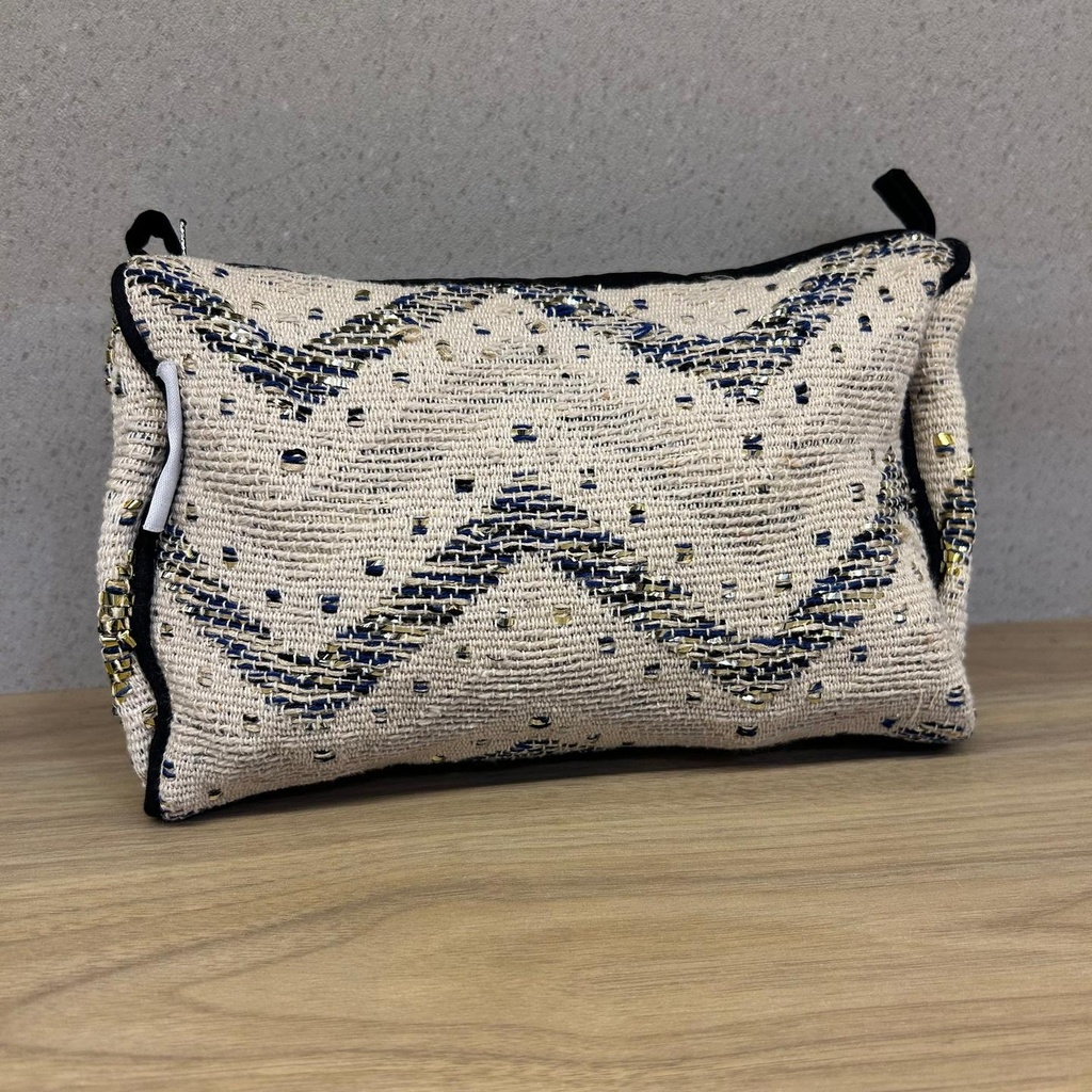 Ivory and Blue Chevron Cotton Medium Size Woven Wedding Jewelry Pouch / Cosmetic / Make Up Case Multifunction Storage