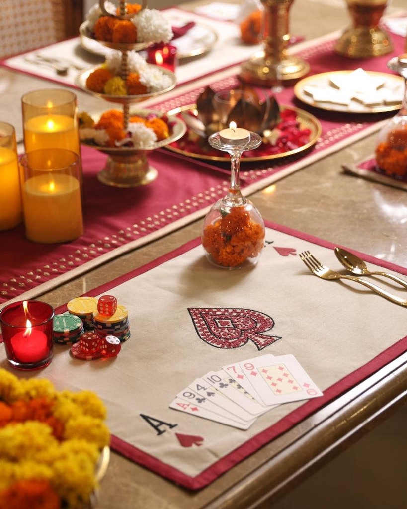 [SA#KL-DIS-MRBE] Deal and Dine Embroidered Table Linen Set (13 PC Set) (Maroon & Beige)