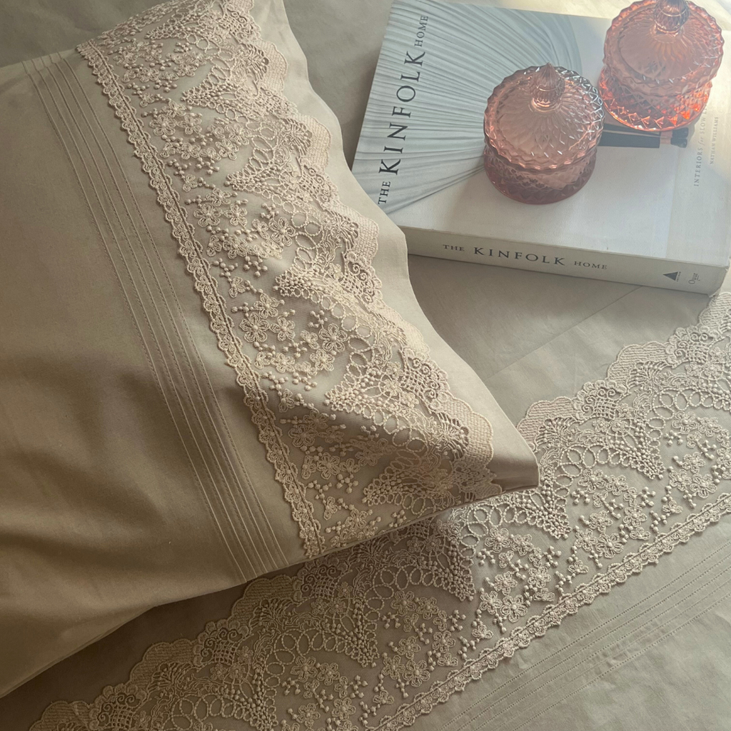 Chantilly Desert Beige Embroidered Lace Bedsheet Set