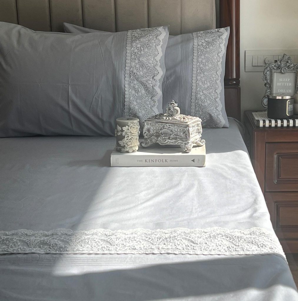 Chantilly Slate Embroidered Lace Bedsheet Set