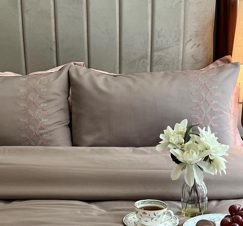Tribe Taupe Embroidered Cotton Rich Pillow Covers (Set of 02)