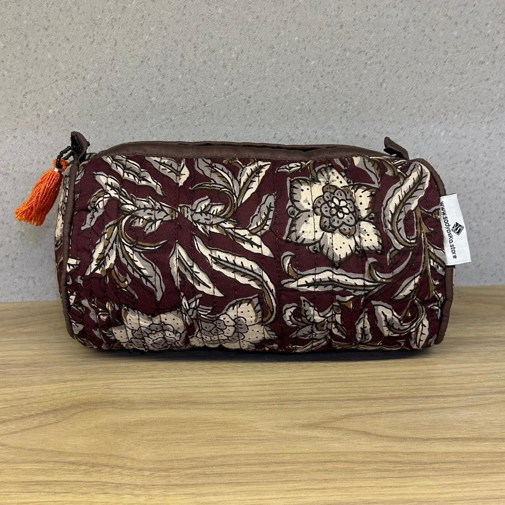 [SA#P0012-02 M] Brown Printed Cotton Medium Size Quilted Wedding Jewelry Pouch / Cosmetic / Make Up Case Multifunction Storage