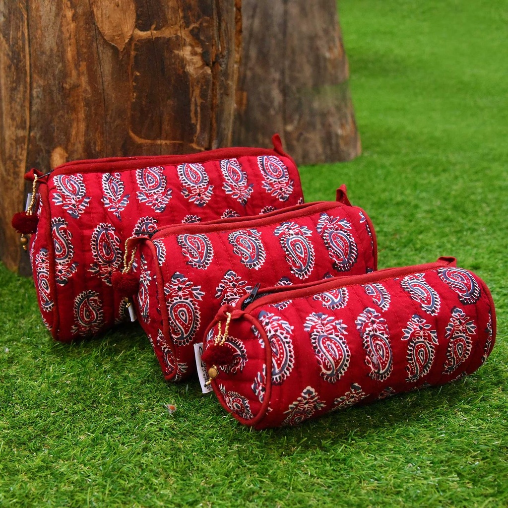[SA#P001-03 S] Maroon Printed Cotton Small Size Quilted Wedding Jewelry Pouch / Cosmetic / Make Up Case Multifunction Storage