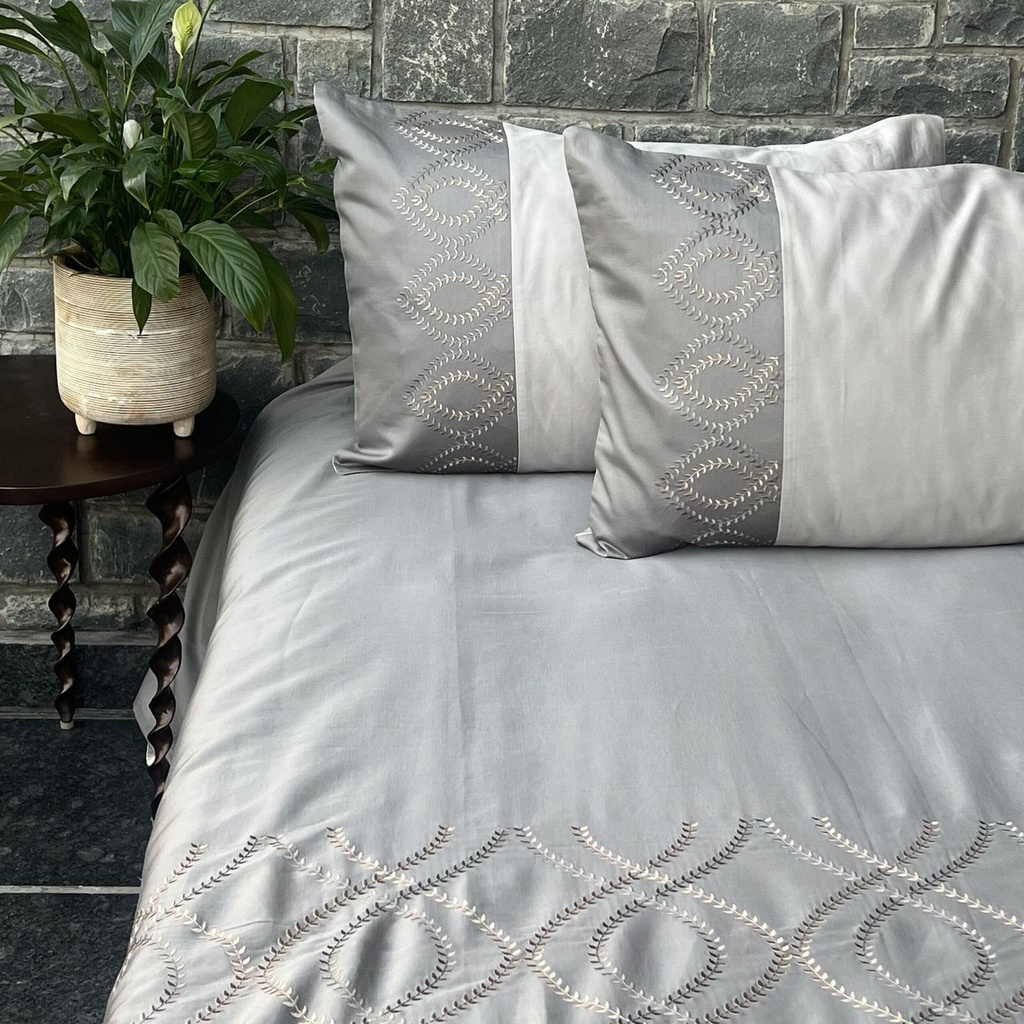Exon Slate and Pearl Grey Embroidered Bedsheet Set