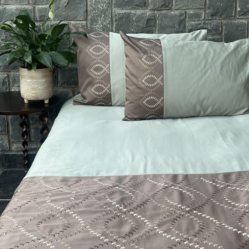 [SA#BPEM-EXON-SNTA-2] Exon Sage Green and Taupe Embroidered Bedsheet Set (Taupe)