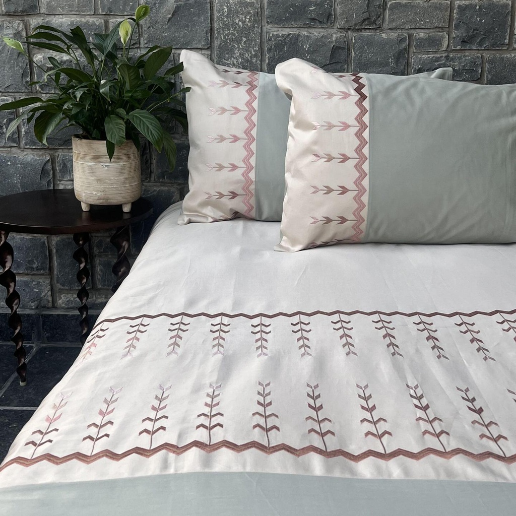 Aero Oats Beige and Sage Green Embroidered Bedsheet Set