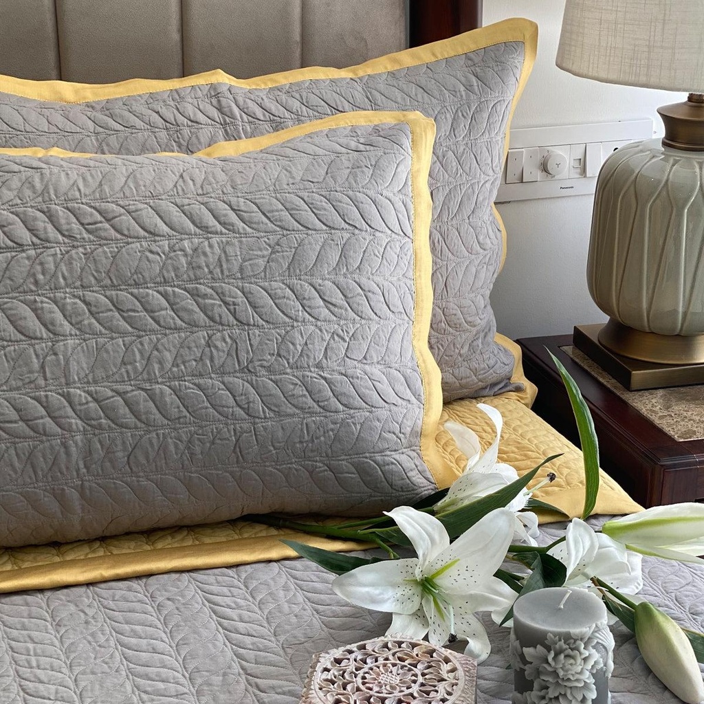 [SA#S001-VERDURE-BYSG-2] Butter Cup Yellow & Sandstone Grey Verdure Reversible Bedspread (Sandstone Grey)