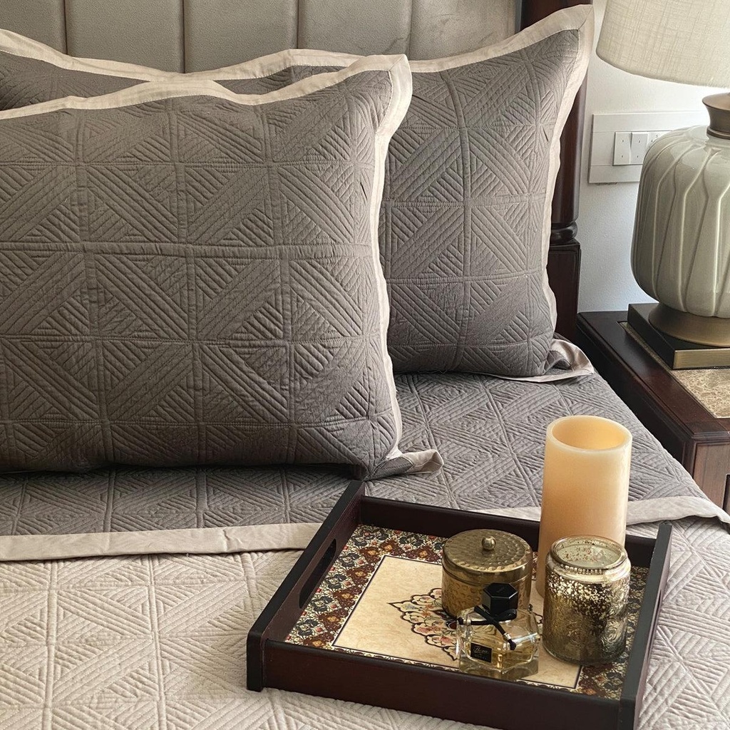 [SA#S001-CUBIST-BEOG] Beige & Olive Grey Cubist Reversible Bedspread (Beige)