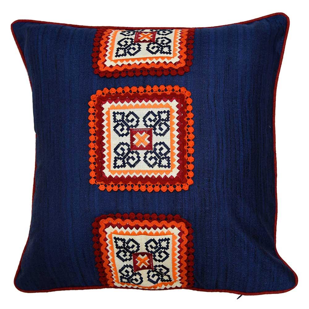 Sadyaska Blue Designer Silk Dupion Cushion Cover 16x16 Embroidered Patch with Border Piping Cushion Case…
